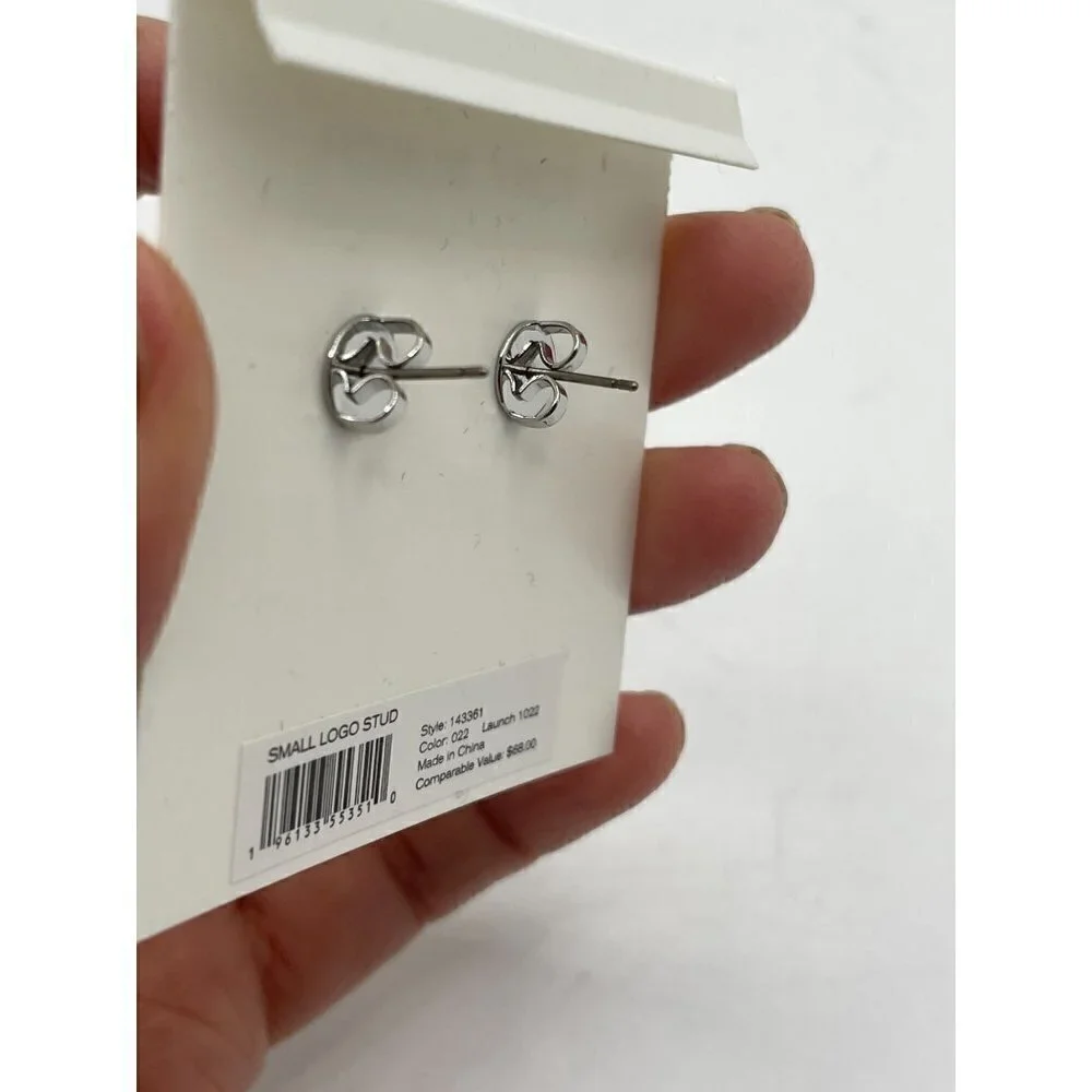 NWT Tory Burch Iconic Small T Logo Stud Pierced Earrings Silver Tone 3/8